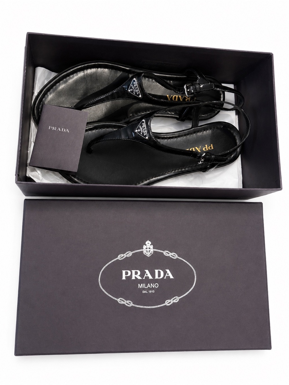 🖤Prada Black Patent Leather Triangle Logo Thong Sandals